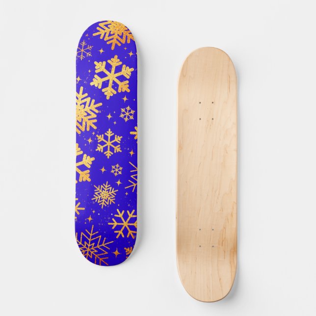 Gold Snowflake Elegance – Holiday Winter Skateboard (Front)