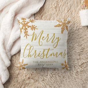 Gold Snowflake Elegant Script Christmas Cushion