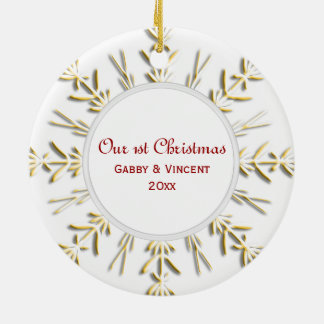 Gold Snowflake First Christmas Photo Ceramic Tree Decoration