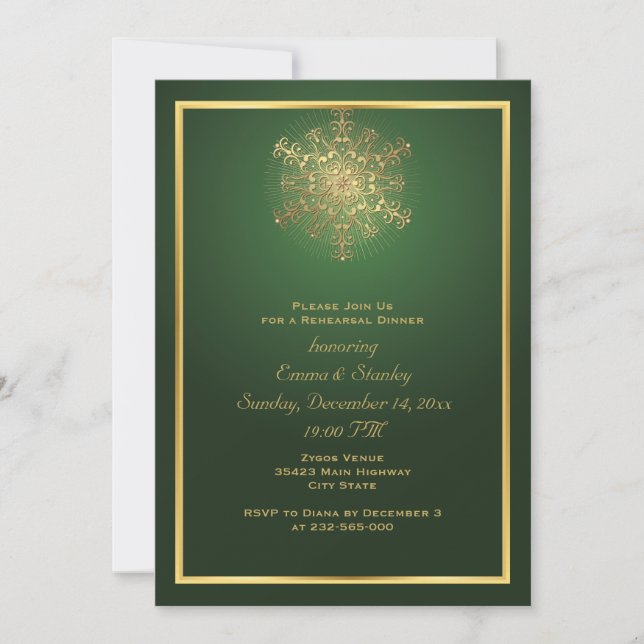 Gold snowflake green wedding rehearsal dinner invitation (Front)
