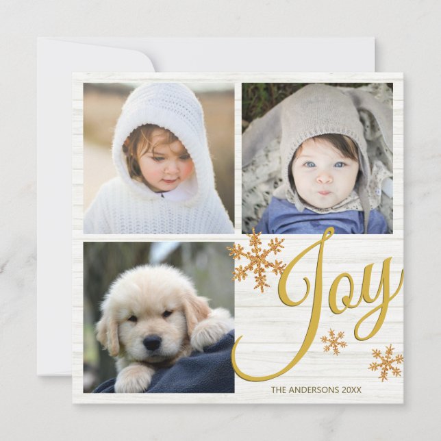 Gold Snowflake Joy Script 3 Photo Collage Holiday Card (Front)
