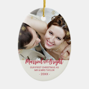 Gold Snowflake Married and Bright Newlywed Holiday Ceramic Tree Decoration
