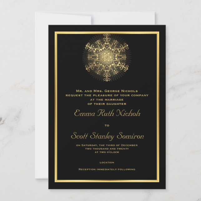 Gold snowflake on black elegant  winter wedding invitation (Front)