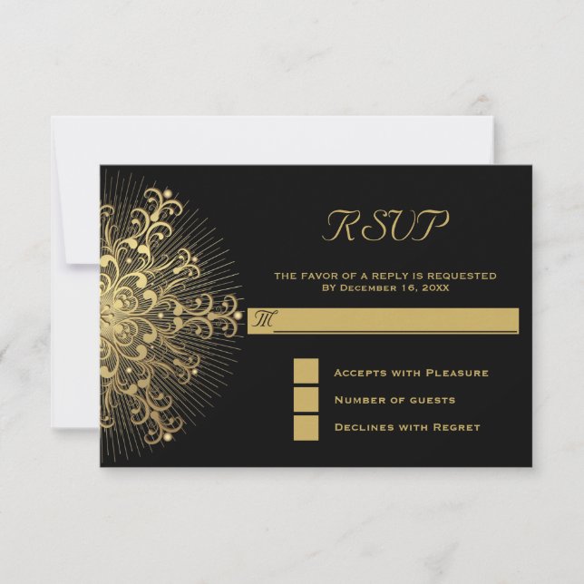 Gold snowflake on black winter wedding RSVP reply Card (Front)
