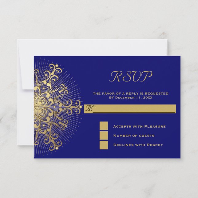 Gold snowflake on blue winter wedding RSVP reply (Front)