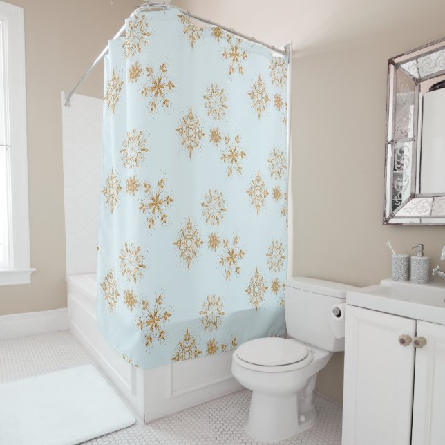 Gold Snowflake on Frosty Blue Christmas Pattern Shower Curtain (In Situ)