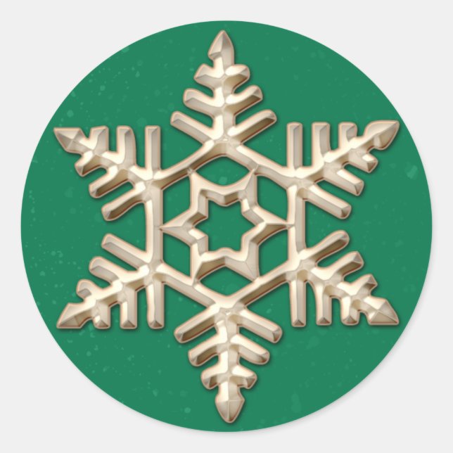 Gold Snowflake on Green Holiday Classic Round Sticker (Front)