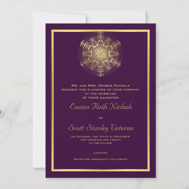 Gold snowflake on purple elegant  winter wedding invitation (Front)