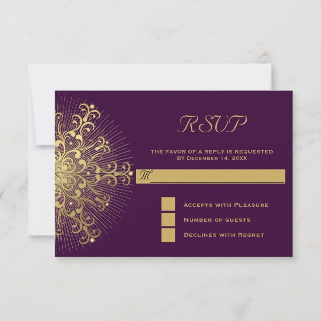 Gold snowflake on purple winter wedding RSVP reply Card (Front)