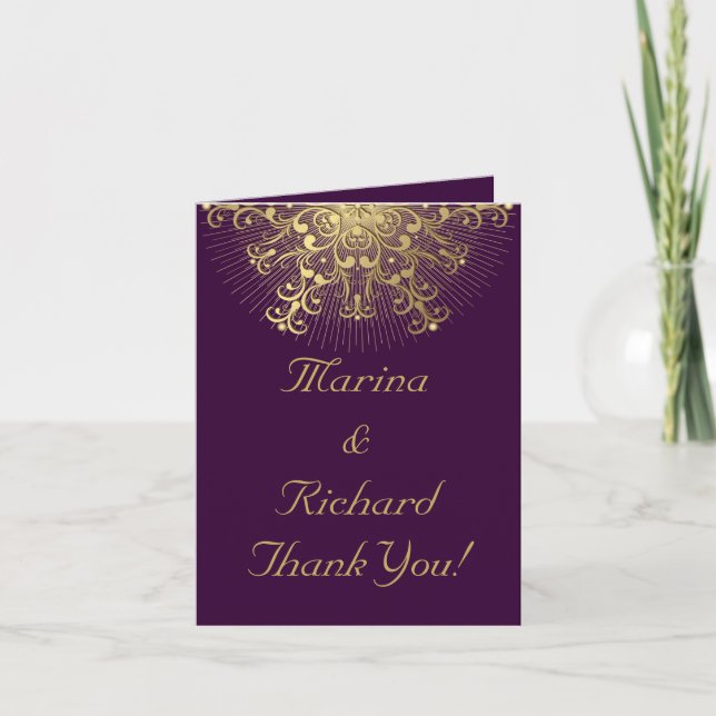 Gold snowflake on purple winter wedding Thank You Card (Front)