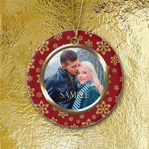 Gold Snowflake on Red Holiday Template Ceramic Tree Decoration