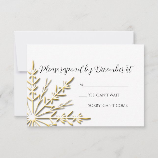 Gold Snowflake on White Winter Wedding RSVP (Front)
