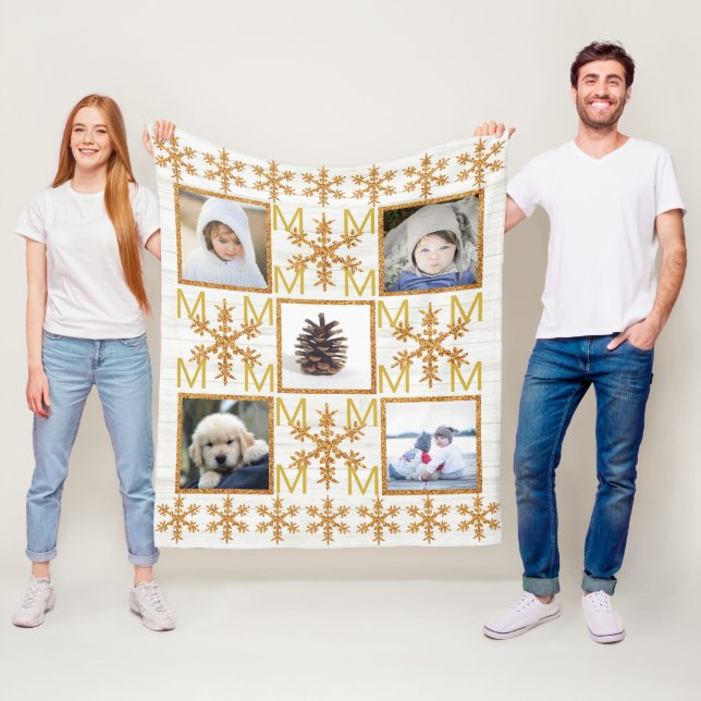 Gold Snowflake Optional Monogram 5 Photo Fleece Blanket (In Situ)