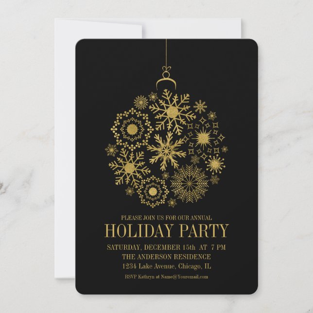 Gold Snowflake Ornament Holiday Party Card (Front)