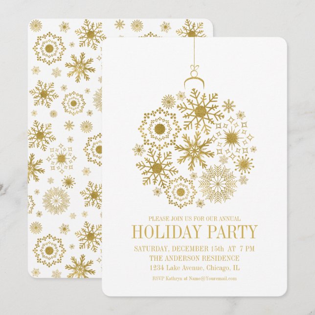 Gold Snowflake Ornament Holiday Party Card (Front/Back)
