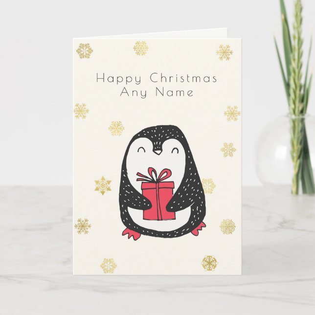 Gold Snowflake Penguin Personalised Christmas Card (Front)