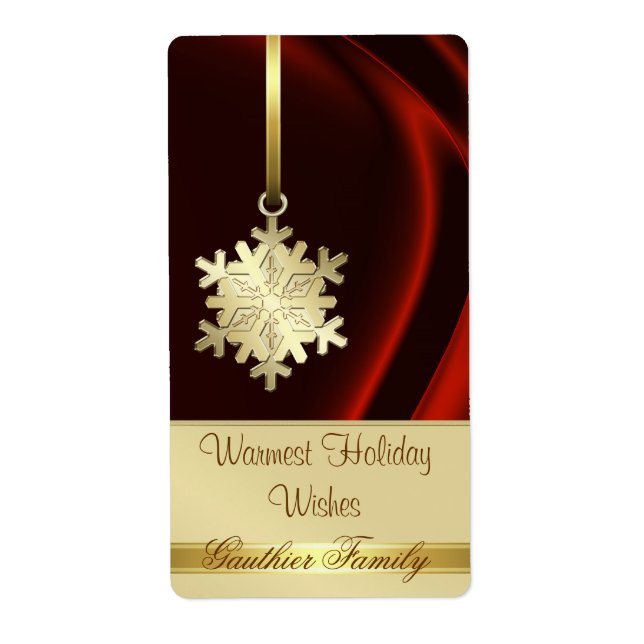 Gold Snowflake Red Silk Holiday Wine Label (Front)