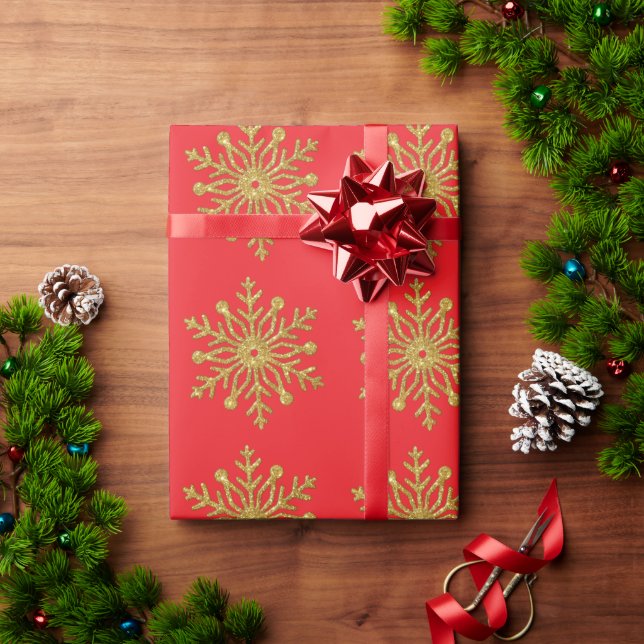 Gold Snowflake Red Wrapping Paper (Holiday Gift)