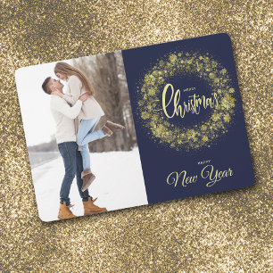 Gold Snowflake Sparkle Two Photo Blue Holiday Card