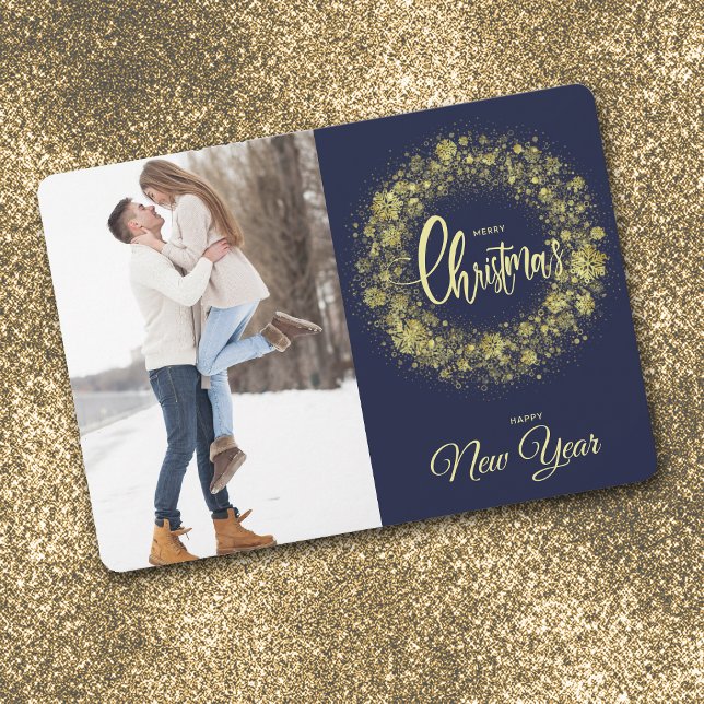 Gold Snowflake Sparkle Two Photo Blue Holiday Card (Creator Uploaded)