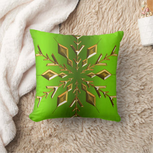 Gold Snowflake Star on Green Christmas Cushion