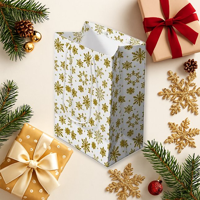Gold Snowflake White Holiday Elegant Medium Gift Bag (Creator Uploaded)
