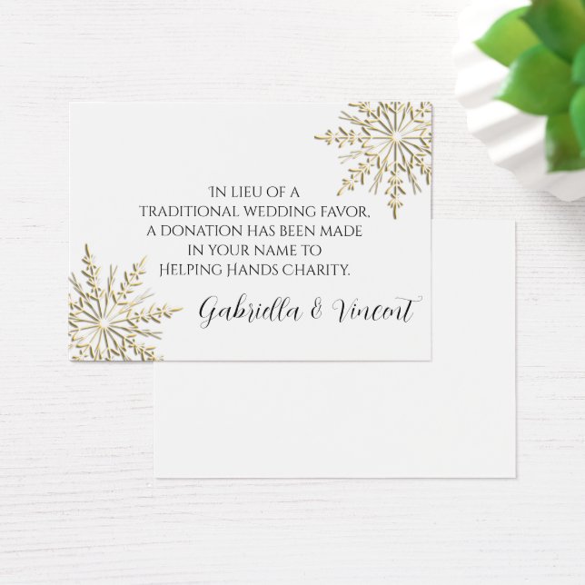 Gold Snowflake Winter Wedding Charity Favour Card (Desk)