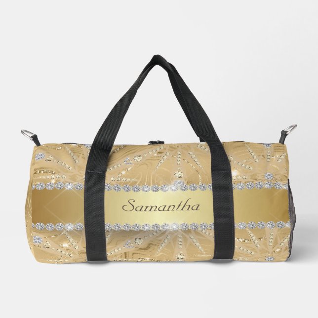 Gold Snowflake With Sparkle Diamond Custom Name Duffle Bag (Front)