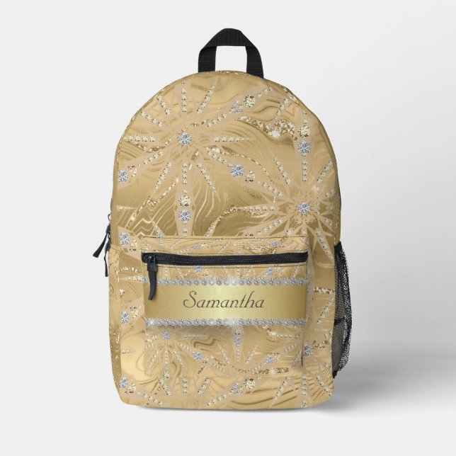 Gold Snowflake With Sparkle Diamond Custom Name Printed Backpack (Front)