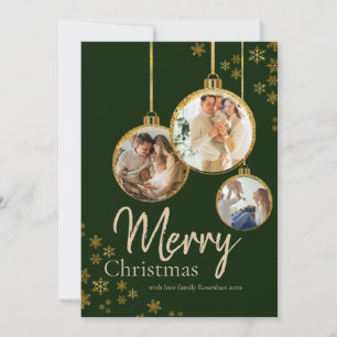 Gold Snowflakes 3 Photo Merry Christmas Holiday Card