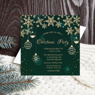 Gold Snowflakes,Balls Green Corporate Christmas Invitation