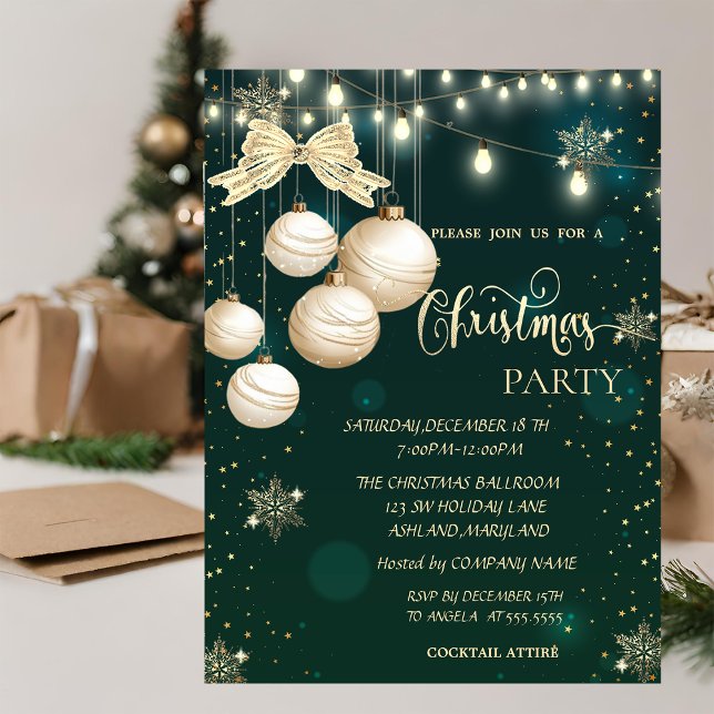  Gold Snowflakes,Balls,Lights Bow Green Christmas  Invitation (Creator Uploaded)