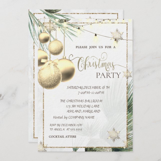 Gold Snowflakes,Balls,Lights,Branches Christmas  Invitation (Front/Back)