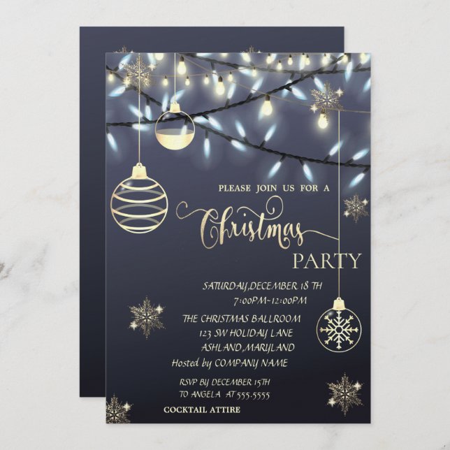 Gold Snowflakes,Balls,Lights Christmas Party  Invitation (Front/Back)