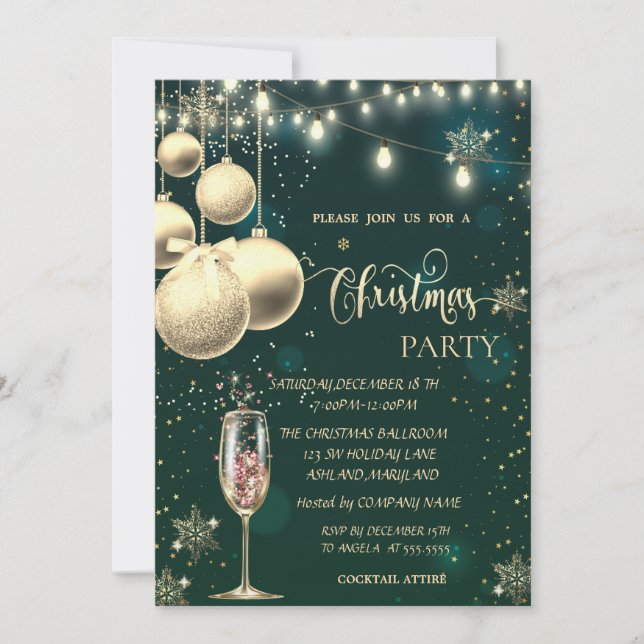  Gold Snowflakes,Balls,Lights,Glass Christmas  Invitation (Front)
