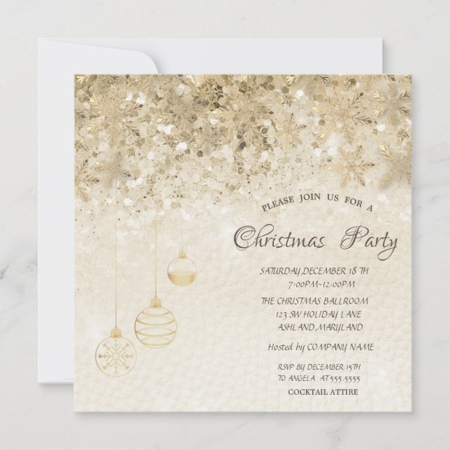 Gold Snowflakes,Balls Sequins Corporate Christmas Invitation (Front)