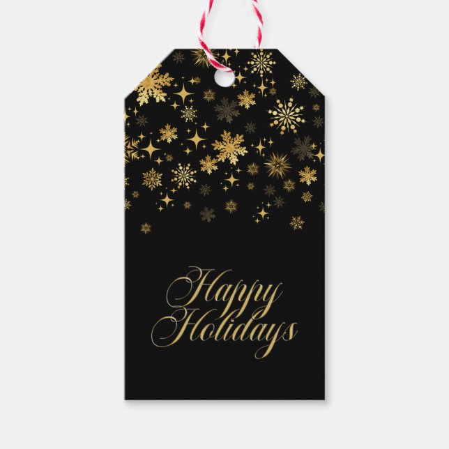 Gold Snowflakes Black Christmas Gift Tags (Front)