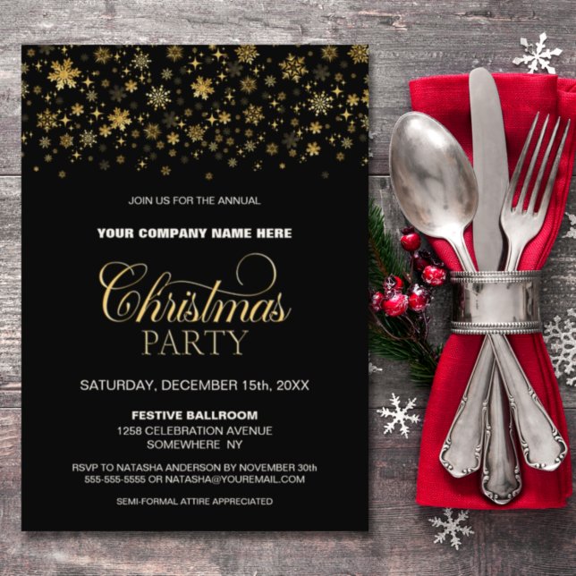 Gold Snowflakes Black Corporate Christmas Party Invitation (Creator Uploaded)