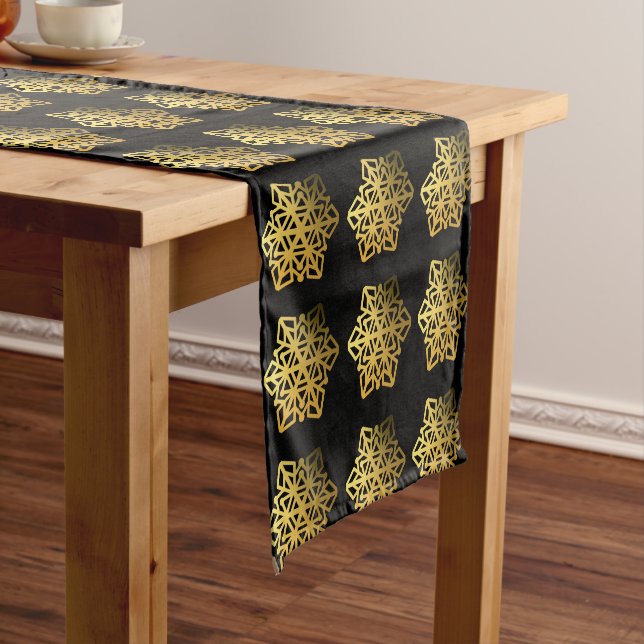 Gold Snowflakes Black Table Runner (In Situ)