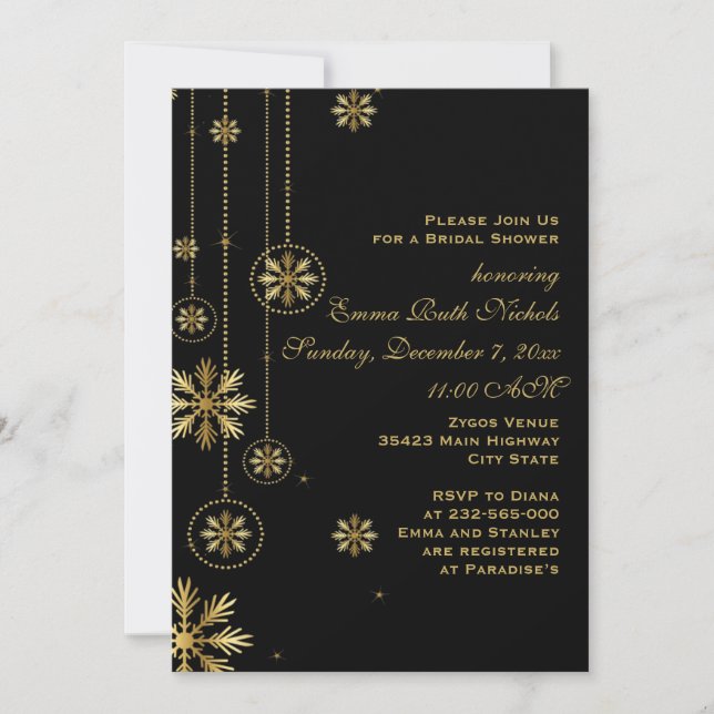 Gold snowflakes black winter wedding bridal shower invitation (Front)