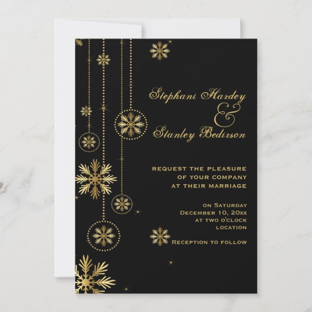 Gold snowflakes black winter wedding invitation (Front)