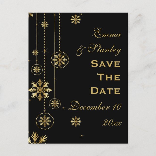 Gold snowflakes black winter wedding Save the Date Announcement Postcard (Front)