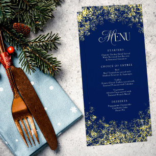 Gold Snowflakes Blue Christmas Holiday Dinner Menu