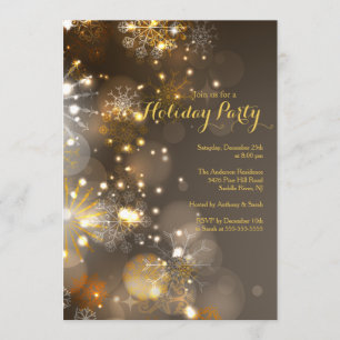 Gold Snowflakes & Bokeh Lights Holiday Invitation