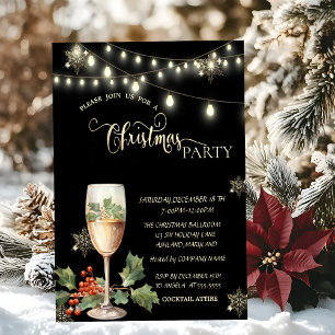 Gold Snowflakes,ChampagnE Glass Christmas Party  Invitation