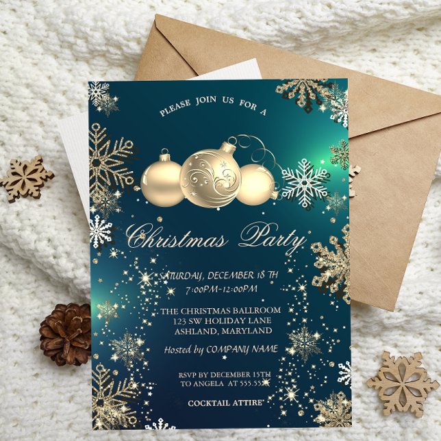 Gold Snowflakes, Christmas Balls Company Party Invitation (Creator Uploaded)