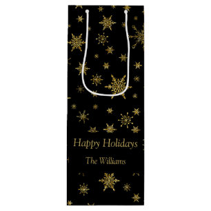 Gold Snowflakes Christmas Black Personalized Wine Gift Bag