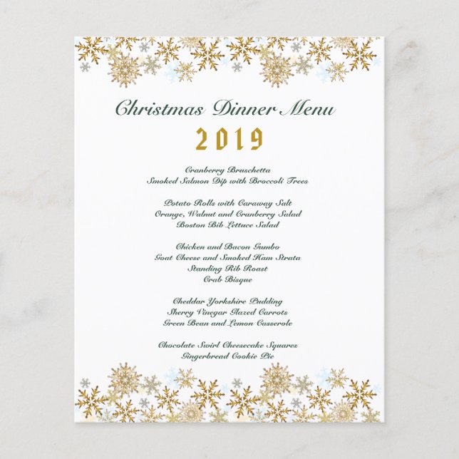 Gold Snowflakes Christmas Dinner Menu (Front)