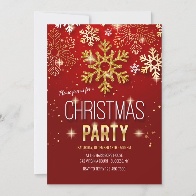 Gold Snowflakes Christmas Party Invitation (Front)