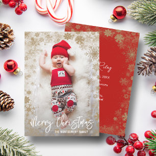 Gold Snowflakes Christmas Photo Birth Announcement